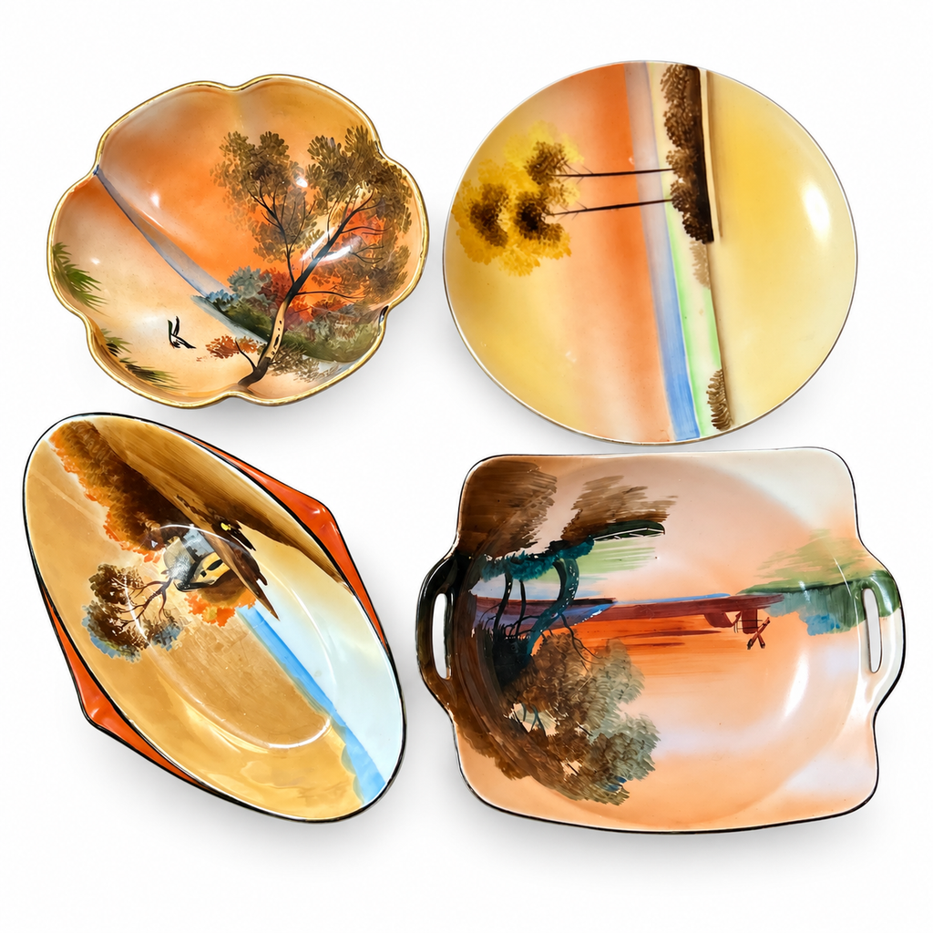 Noritake Morimura --Antique Noritake Morimura 4-Piece Hand Painted Scenic Porcelain Set M Wreath Japan 1920s