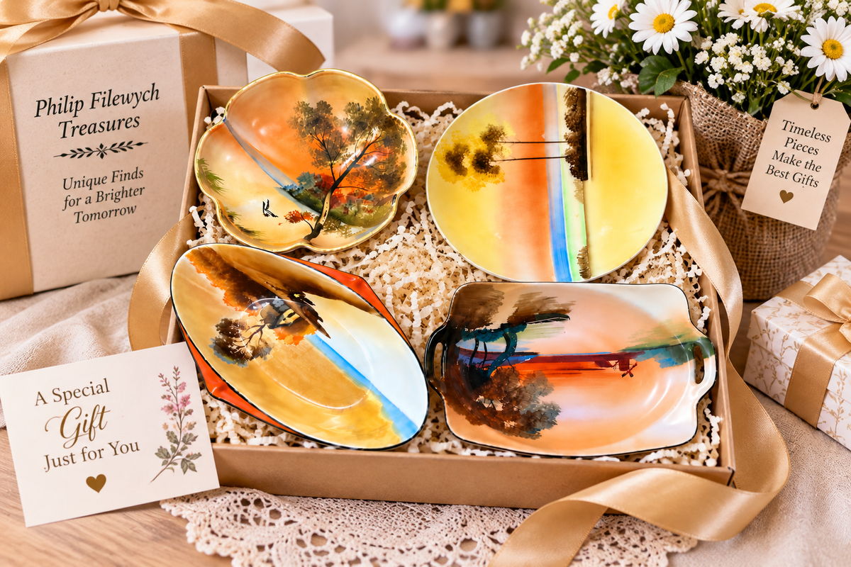 Noritake Morimura --Antique Noritake Morimura 4-Piece Hand Painted Scenic Porcelain Set M Wreath Japan 1920s