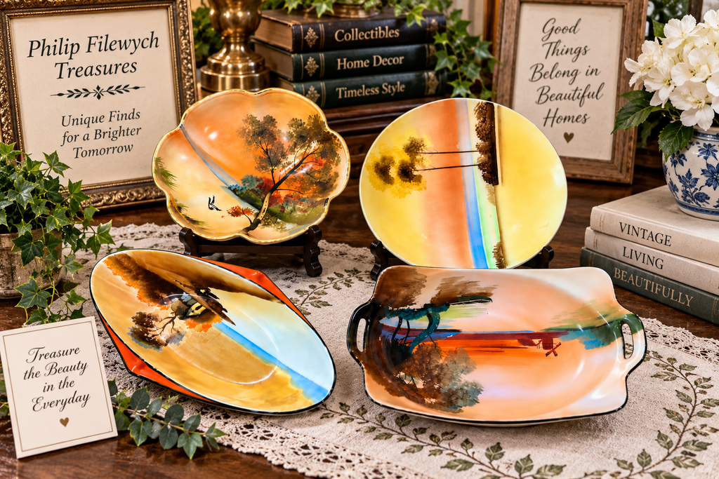 Noritake Morimura --Antique Noritake Morimura 4-Piece Hand Painted Scenic Porcelain Set M Wreath Japan 1920s