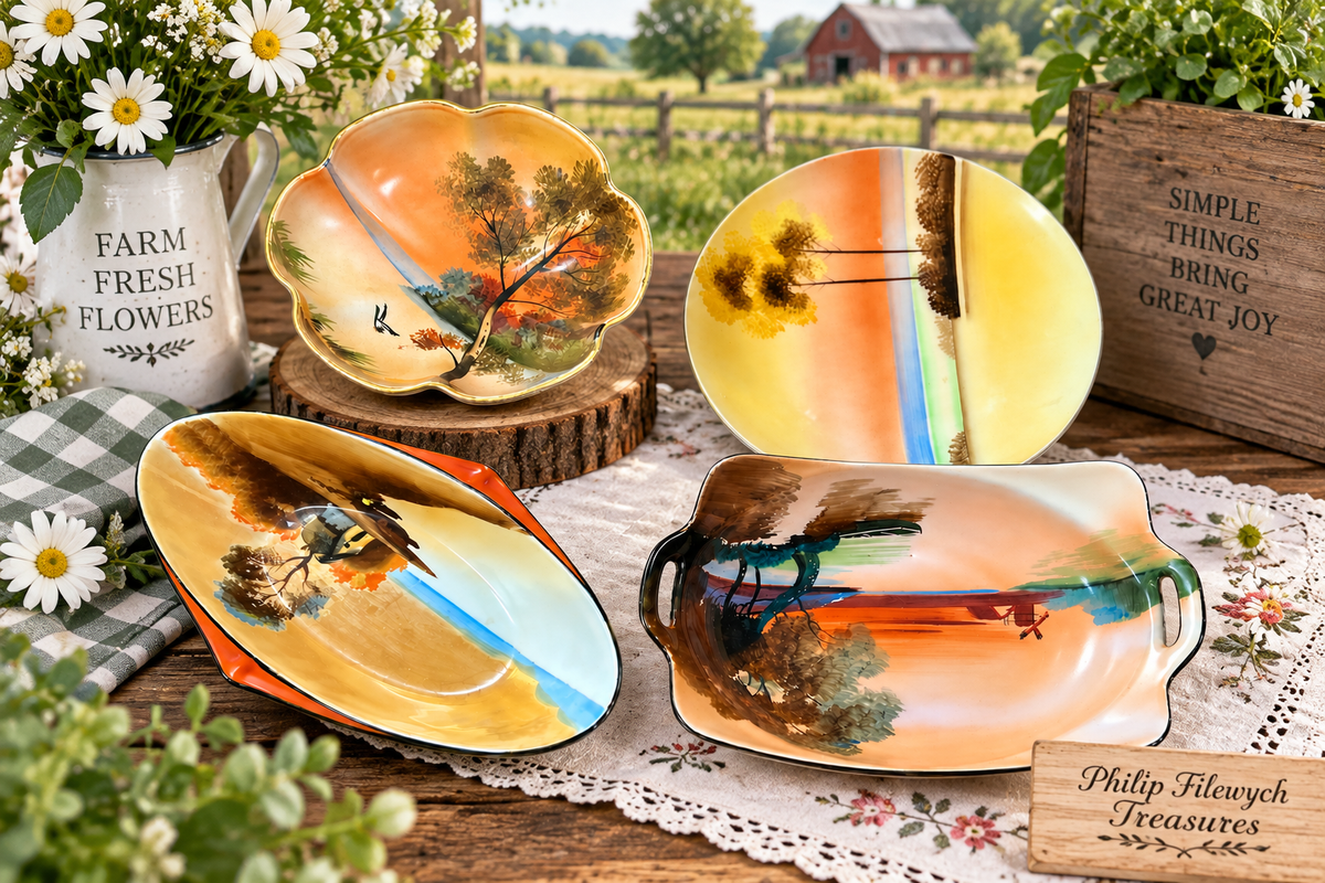 Noritake Morimura --Antique Noritake Morimura 4-Piece Hand Painted Scenic Porcelain Set M Wreath Japan 1920s