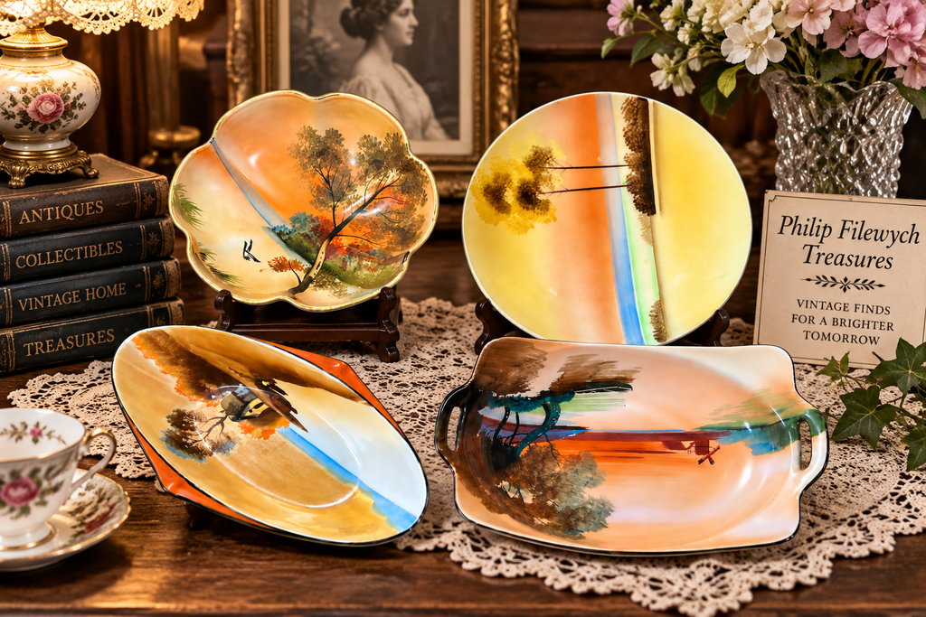 Noritake Morimura --Antique Noritake Morimura 4-Piece Hand Painted Scenic Porcelain Set M Wreath Japan 1920s