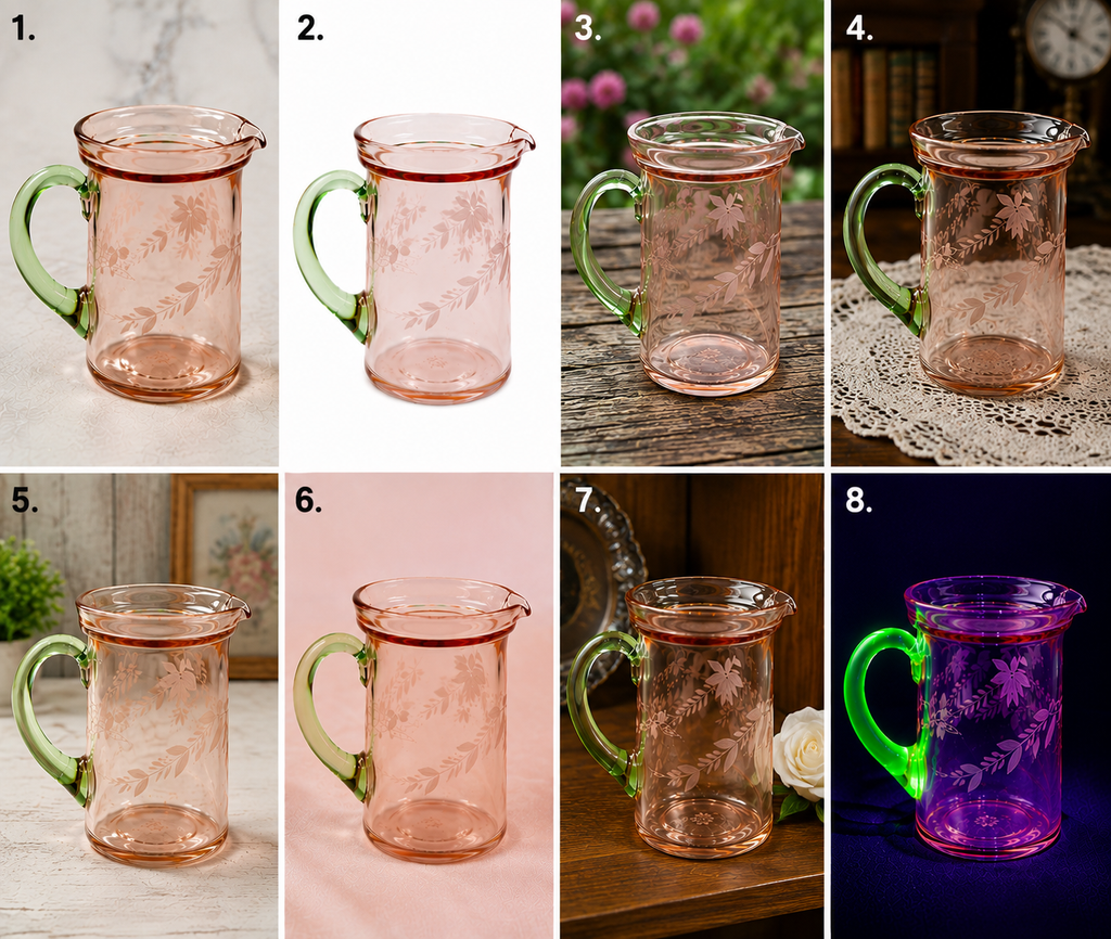 PJ-50--Vintage Jeannette Pink Depression Glass Creamer with Uranium Green Handle