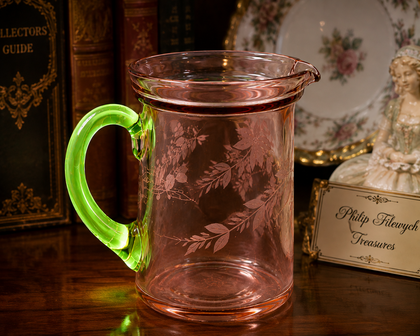 PJ-50--Vintage Jeannette Pink Depression Glass Creamer with Uranium Green Handle