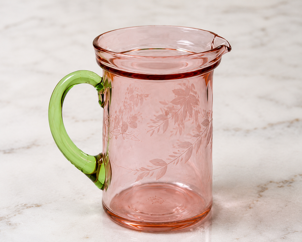PJ-50--Vintage Jeannette Pink Depression Glass Creamer with Uranium Green Handle