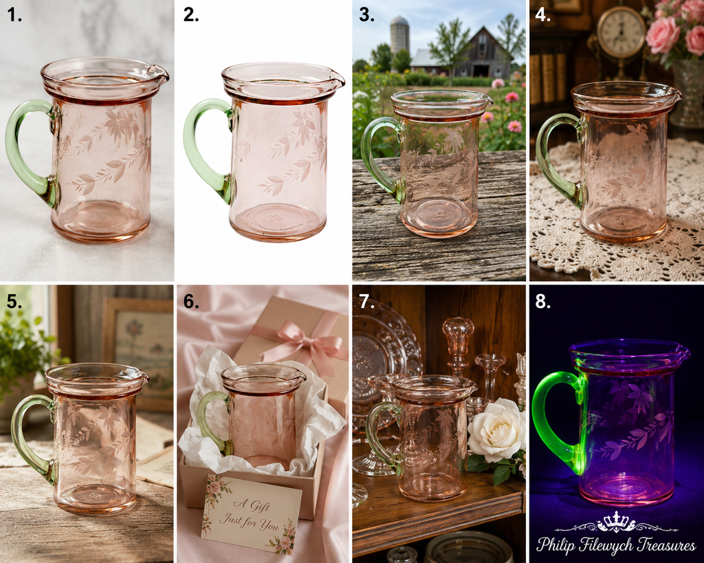 PJ-50--Vintage Jeannette Pink Depression Glass Creamer with Uranium Green Handle