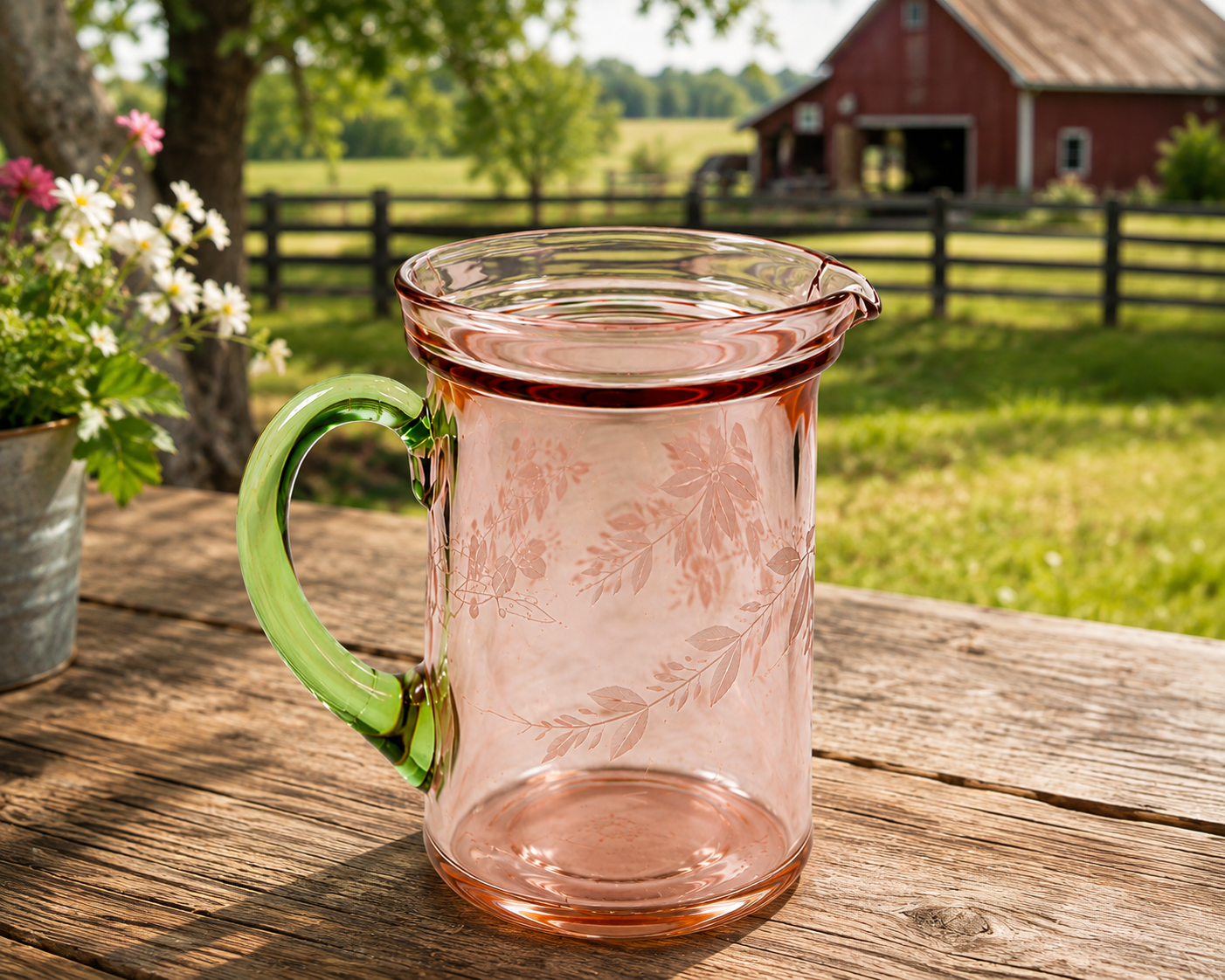 PJ-50--Vintage Jeannette Pink Depression Glass Creamer with Uranium Green Handle