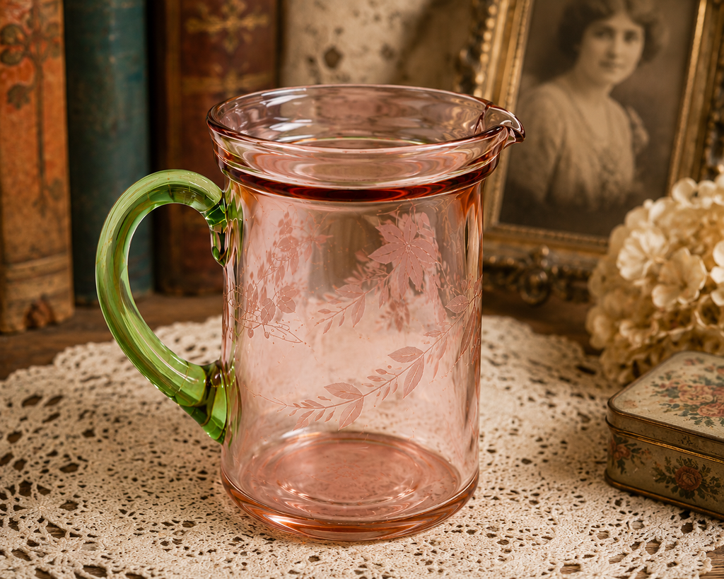 PJ-50--Vintage Jeannette Pink Depression Glass Creamer with Uranium Green Handle