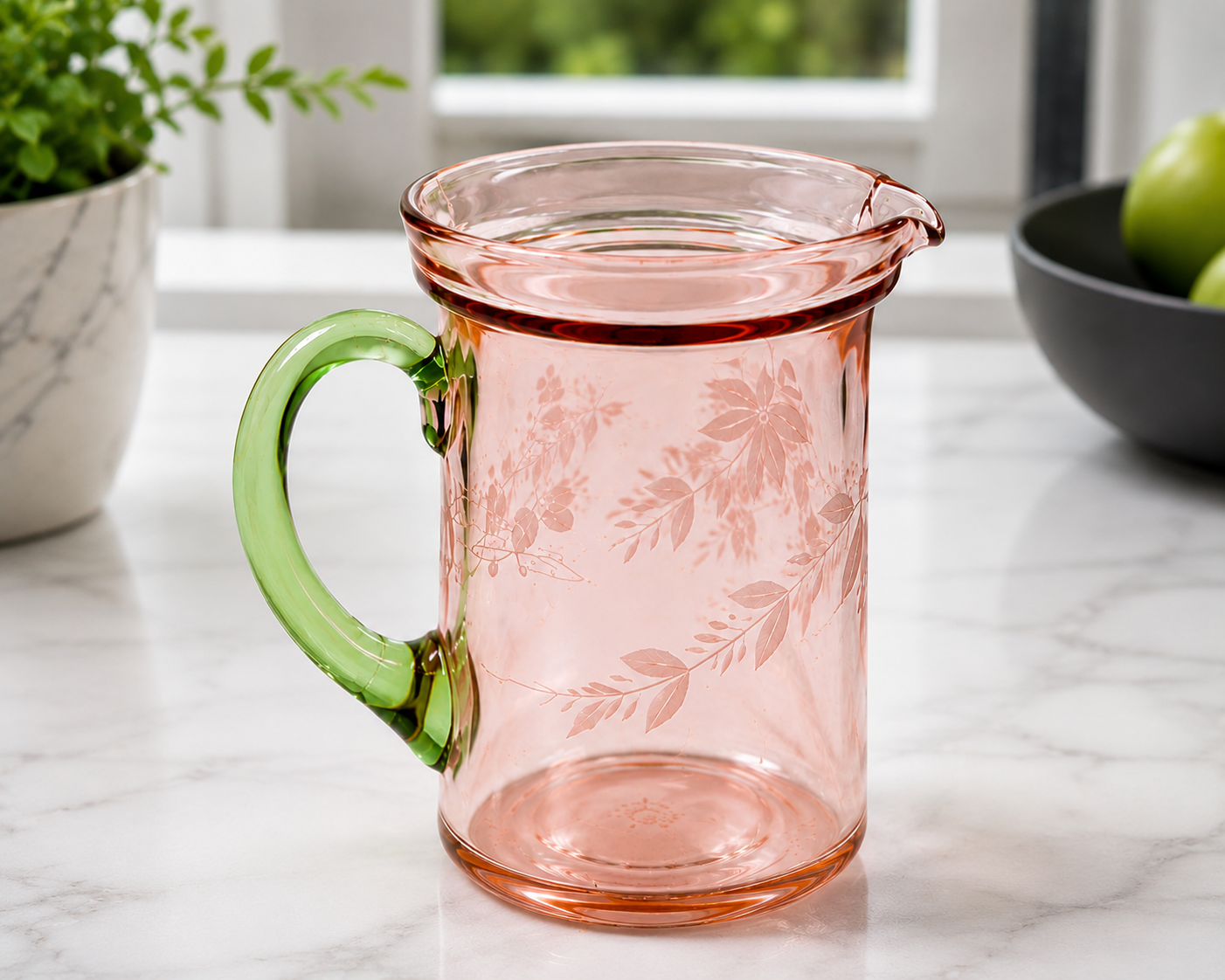 PJ-50--Vintage Jeannette Pink Depression Glass Creamer with Uranium Green Handle