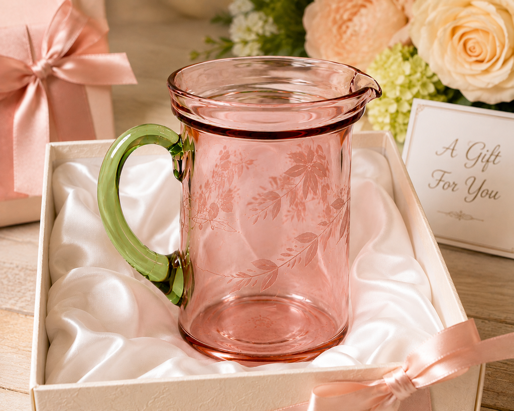 PJ-50--Vintage Jeannette Pink Depression Glass Creamer with Uranium Green Handle