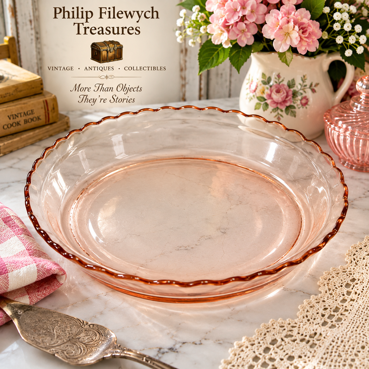 PP-05--Vintage 1930s Pink Depression Glass Pie Plate 12" Scalloped Brown Rim