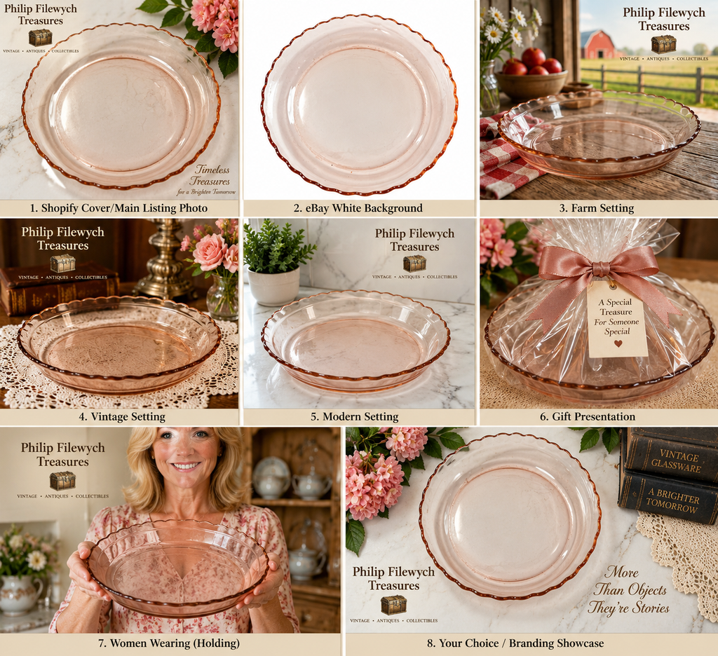 PP-05--Vintage 1930s Pink Depression Glass Pie Plate 12" Scalloped Brown Rim
