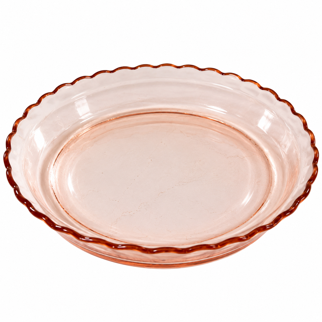 PP-05--Vintage 1930s Pink Depression Glass Pie Plate 12" Scalloped Brown Rim