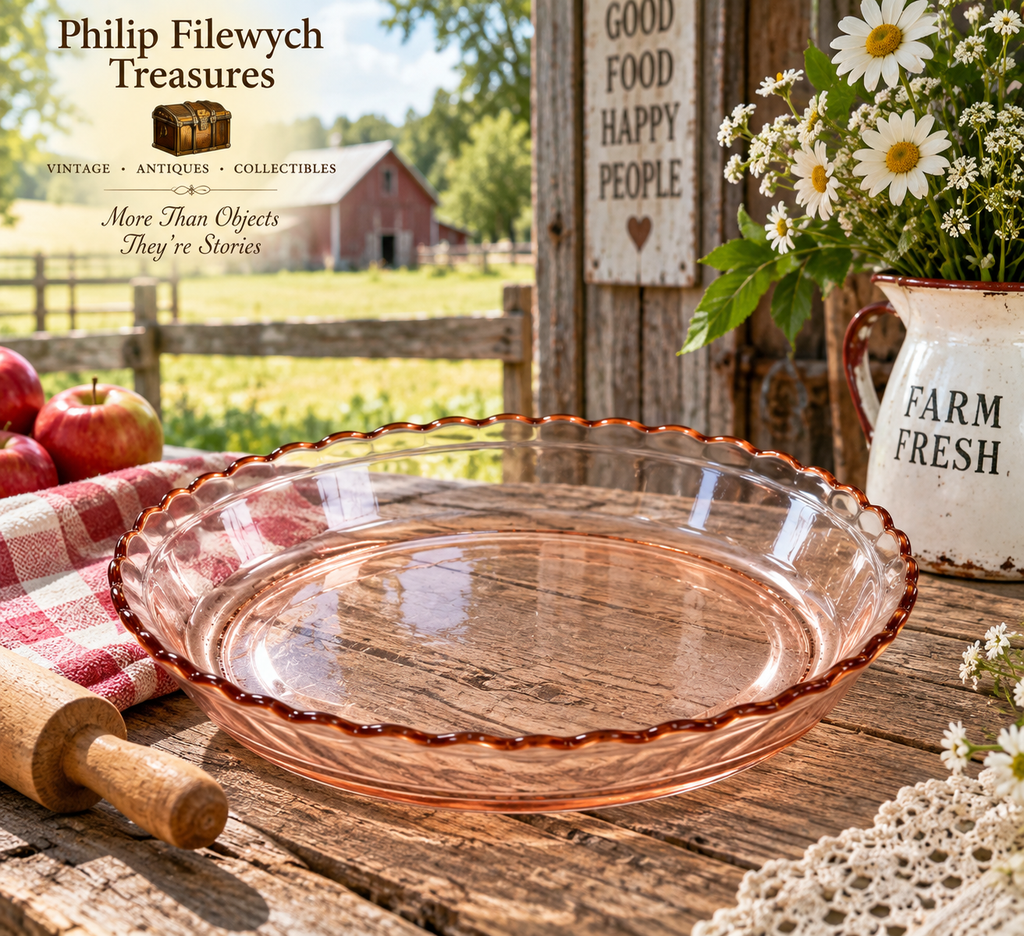 PP-05--Vintage 1930s Pink Depression Glass Pie Plate 12" Scalloped Brown Rim