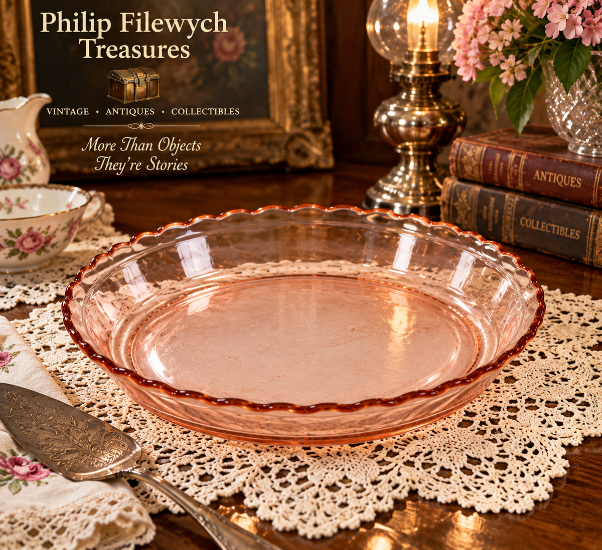 PP-05--Vintage 1930s Pink Depression Glass Pie Plate 12" Scalloped Brown Rim