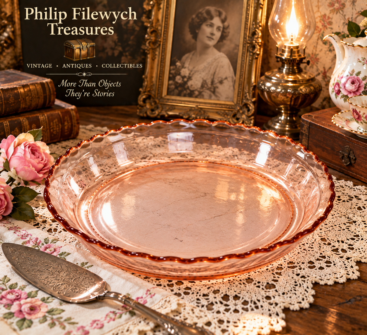 PP-05--Vintage 1930s Pink Depression Glass Pie Plate 12" Scalloped Brown Rim