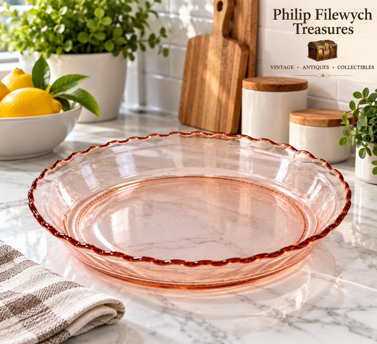PP-05--Vintage 1930s Pink Depression Glass Pie Plate 12" Scalloped Brown Rim