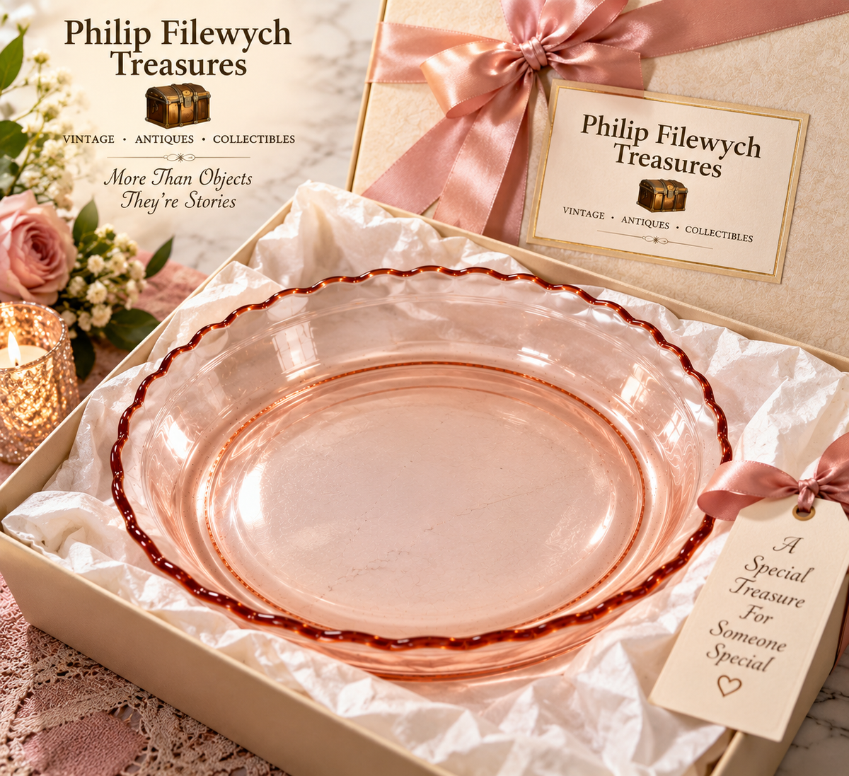 PP-05--Vintage 1930s Pink Depression Glass Pie Plate 12" Scalloped Brown Rim