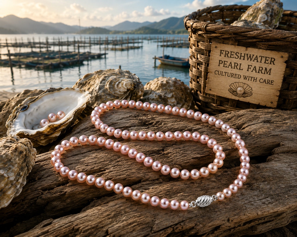 Pearl-05--Pink Freshwater Cultured Pearl Necklace – 5mm Pearls – 24 Inch