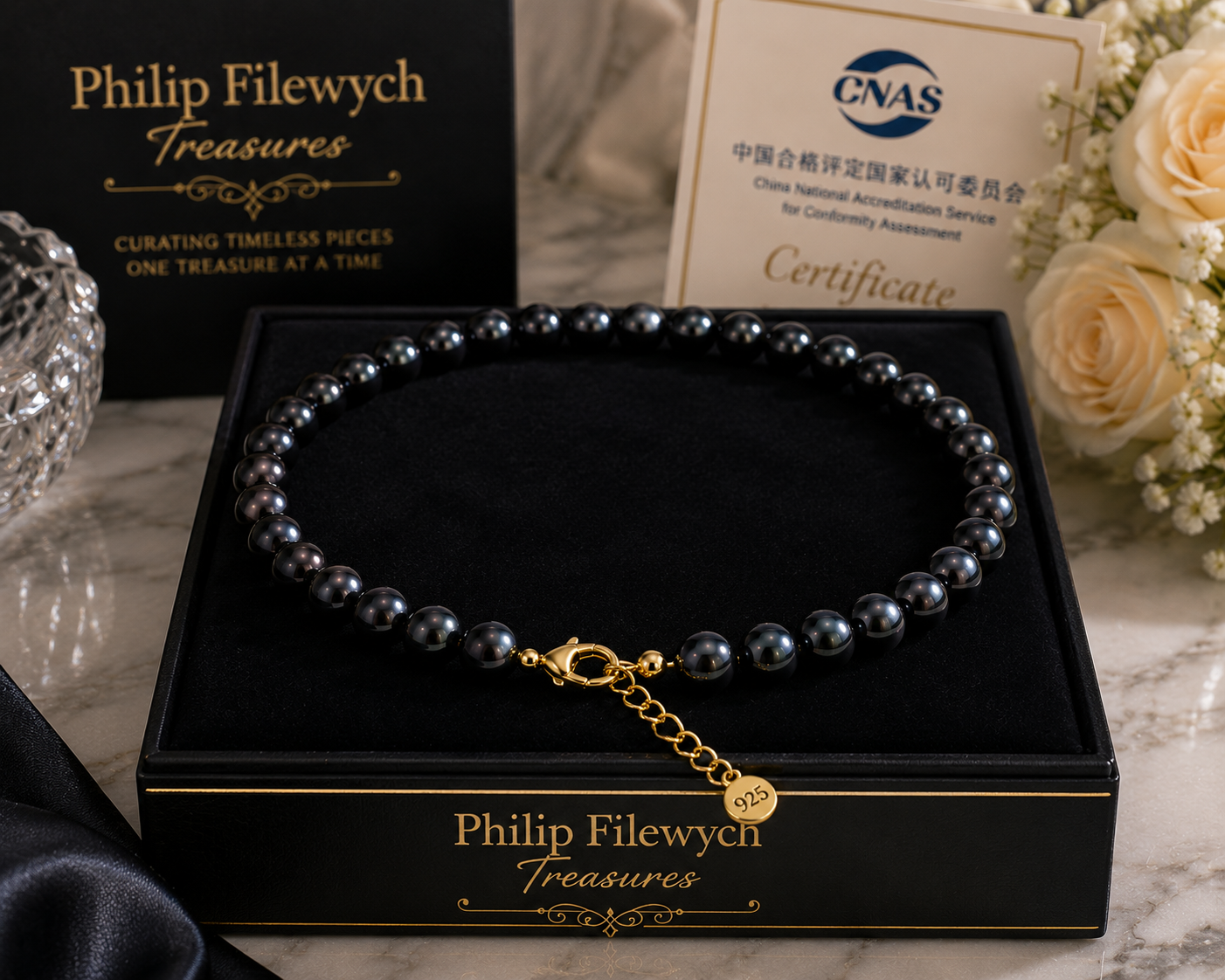 Pearl-24--AA Black Freshwater Pearl Necklace – 8–9mm Pearls – 42cm – 925 Stamped Clasp