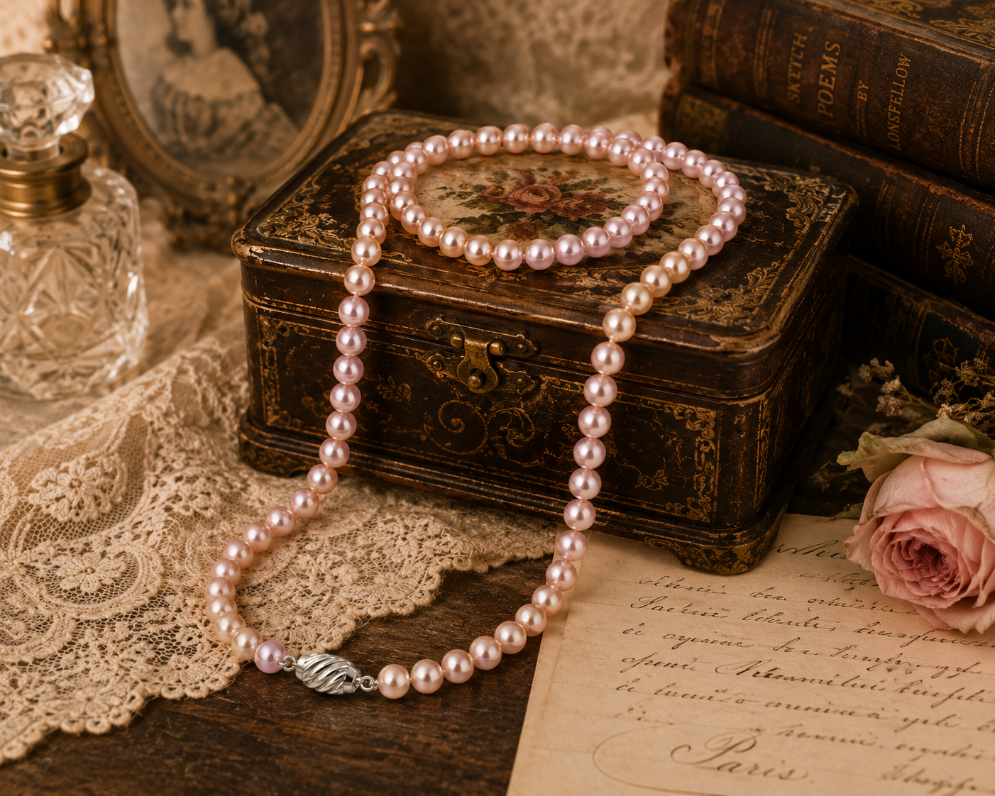 Pearl-05--Pink Freshwater Cultured Pearl Necklace – 5mm Pearls – 24 Inch