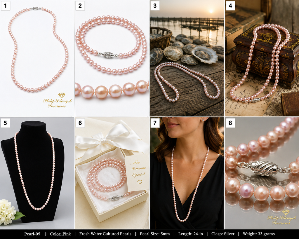 Pearl-05--Pink Freshwater Cultured Pearl Necklace – 5mm Pearls – 24 Inc