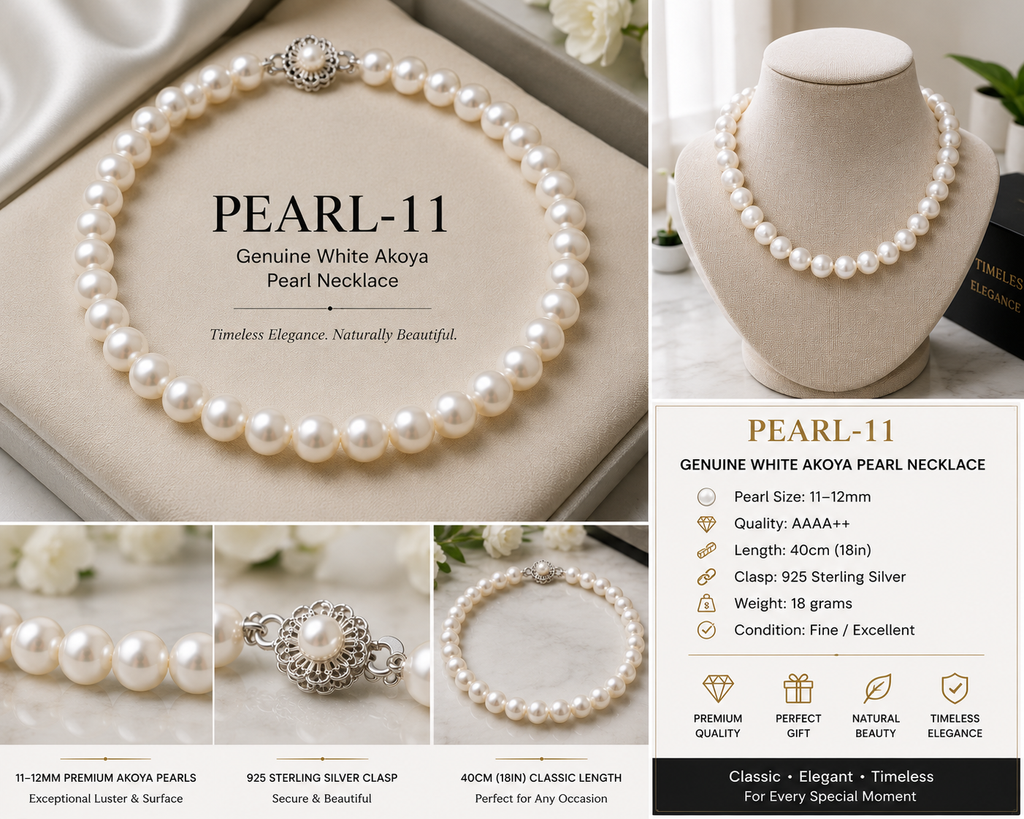 Pearl-11--Akoya Pearl Necklace 11–12mm AAAA++ 18" Genuine Pearls 925 Silver Clasp with Certificate