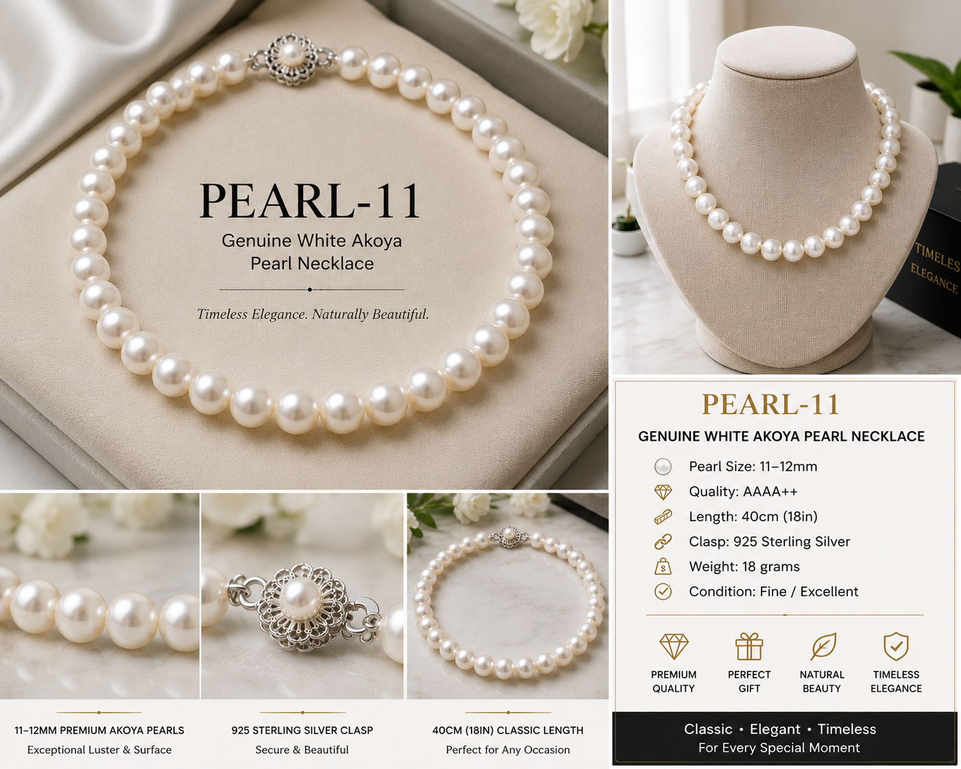 Pearl-11--Akoya Pearl Necklace 11–12mm AAAA++ 18" Genuine Pearls 925 Silver Clasp with Certificate