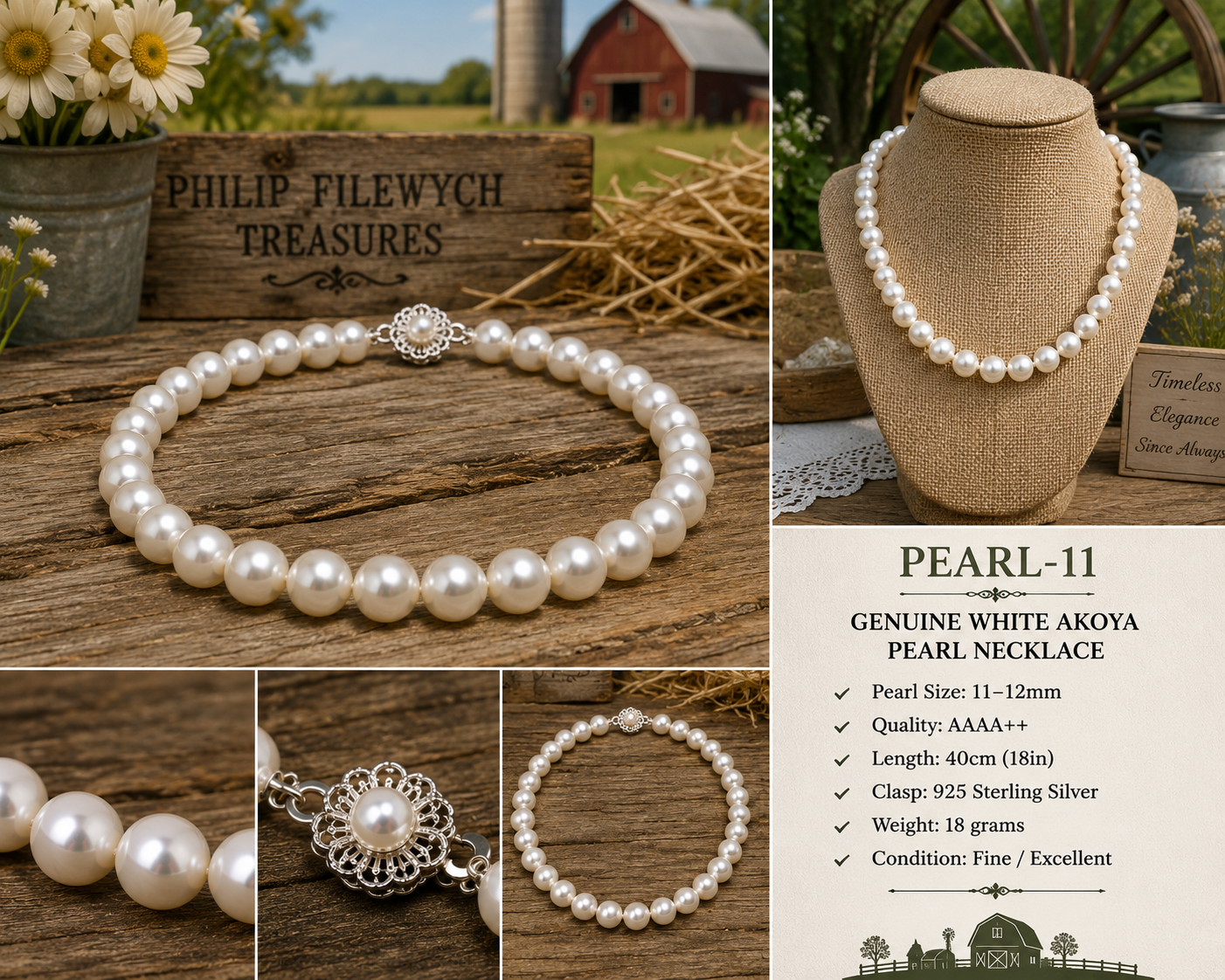 Pearl-11--Akoya Pearl Necklace 11–12mm AAAA++ 18" Genuine Pearls 925 Silver Clasp with Certificate