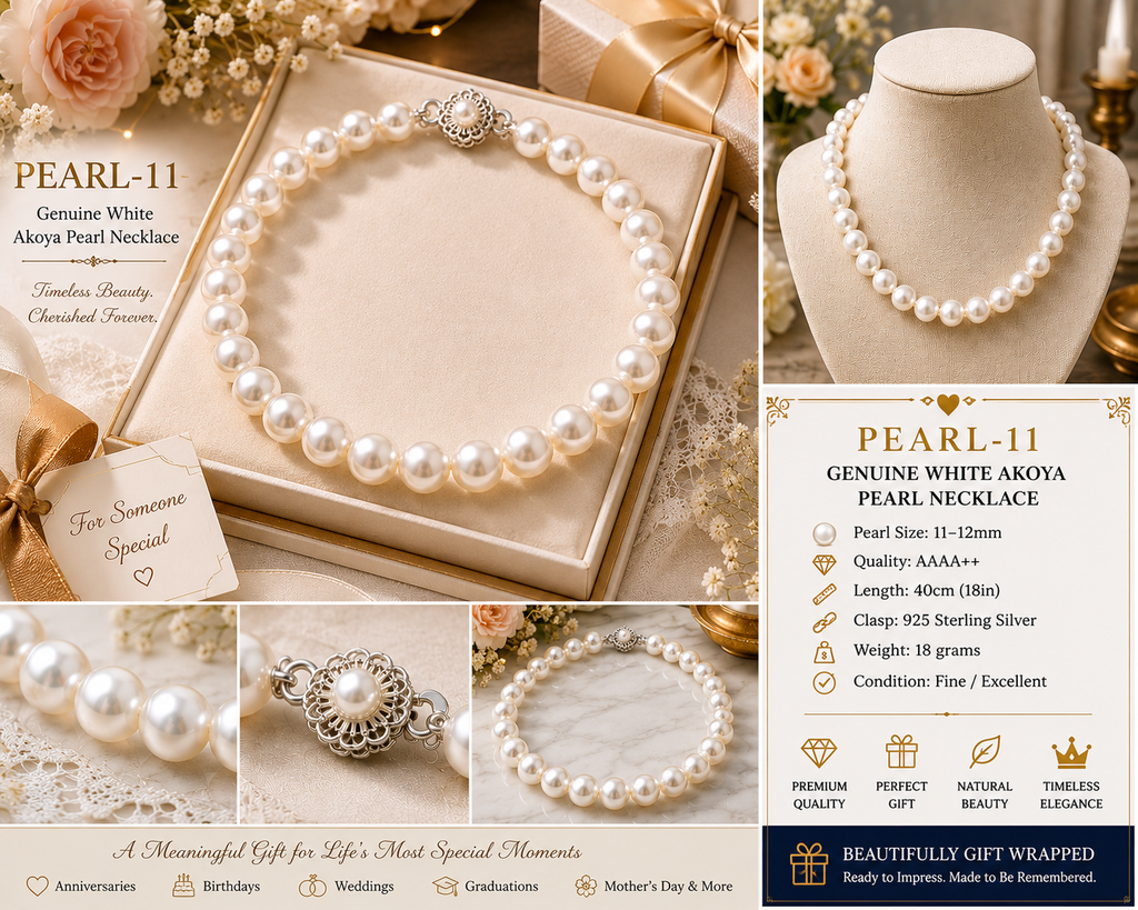 Pearl-11--Akoya Pearl Necklace 11–12mm AAAA++ 18" Genuine Pearls 925 Silver Clasp with Certificate