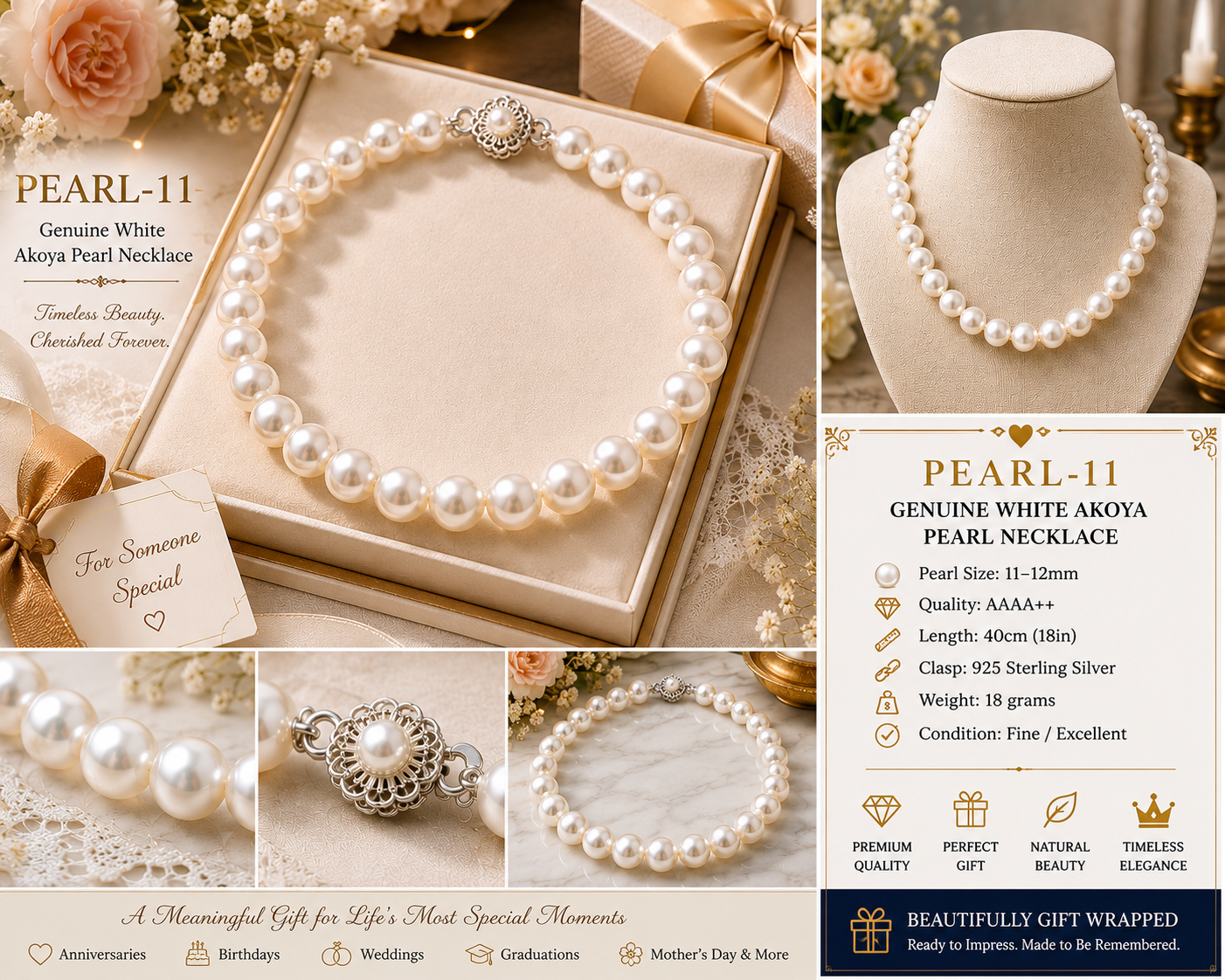 Pearl-11--Akoya Pearl Necklace 11–12mm AAAA++ 18" Genuine Pearls 925 Silver Clasp with Certificate
