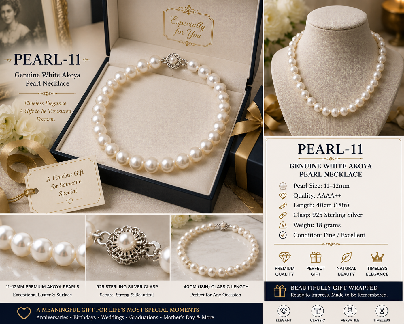 Pearl-11--Akoya Pearl Necklace 11–12mm AAAA++ 18" Genuine Pearls 925 Silver Clasp with Certificate
