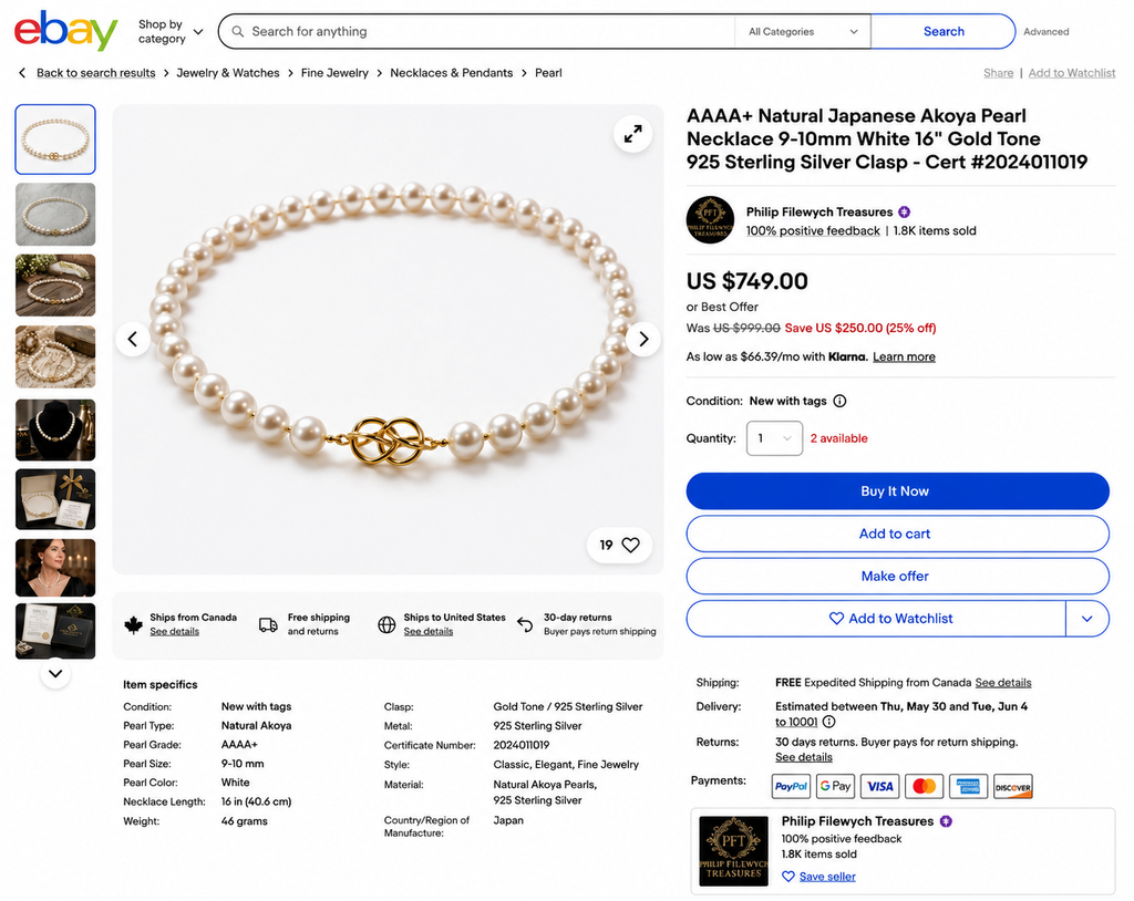 Pearl-17--Akoya Pearl Necklace 9–10mm AAAA Quality 16" Genuine Pearls 46g with Certificate