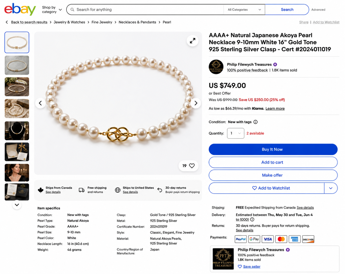 Pearl-17--Akoya Pearl Necklace 9–10mm AAAA Quality 16" Genuine Pearls 46g with Certificate