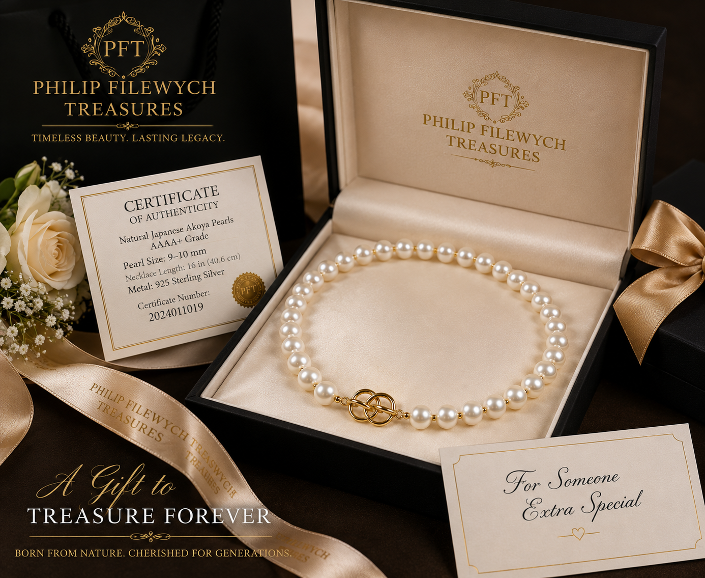Pearl-17--Akoya Pearl Necklace 9–10mm AAAA Quality 16" Genuine Pearls 46g with Certificate