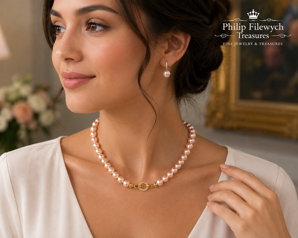 Pearl-23--AAAA Pink Freshwater Pearl Necklace • 925 Sterling Silver • 18"