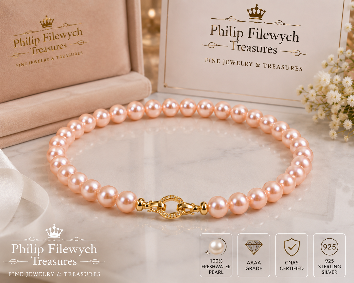 Pearl-23--AAAA Pink Freshwater Pearl Necklace 18in 8-9mm 925 Sterling Silver CNAS Certified High Luster