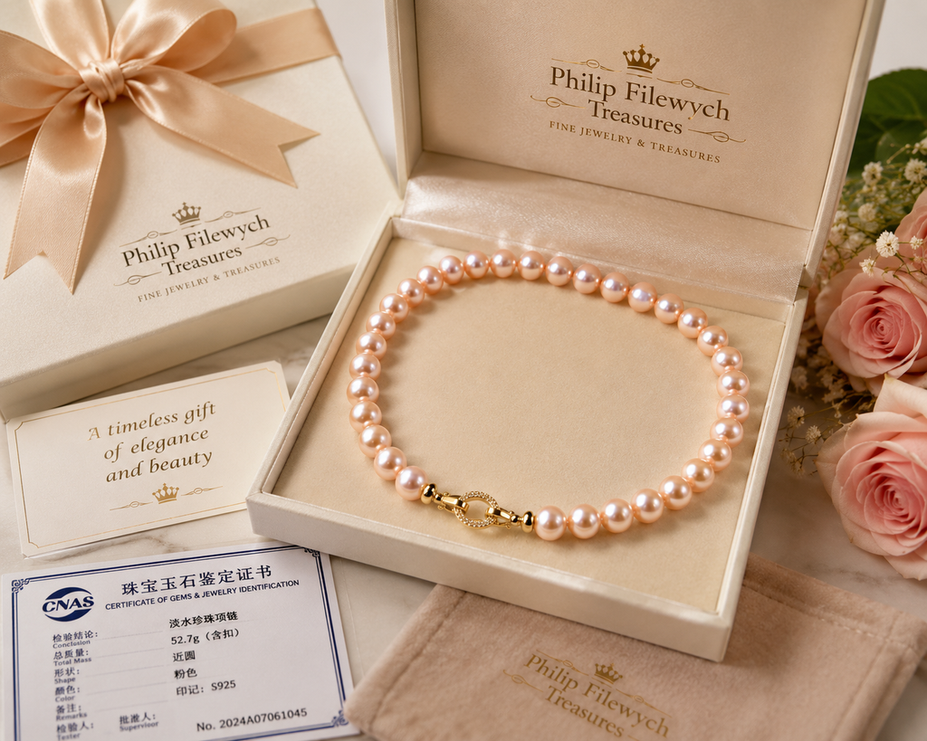 Pearl-23--AAAA Pink Freshwater Pearl Necklace 18in 8-9mm 925 Sterling Silver CNAS Certified High Luster