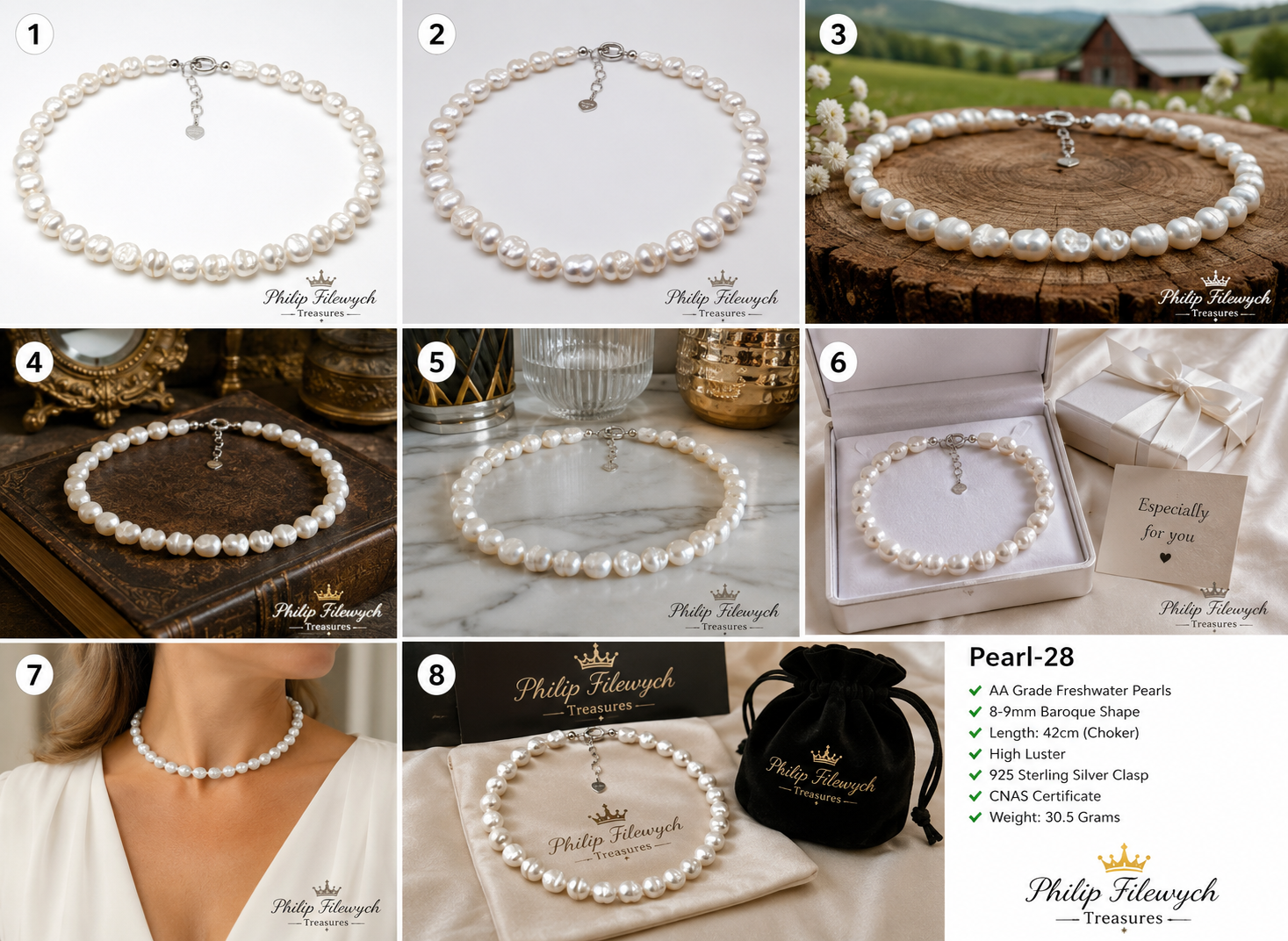 Pearl-28--AA White Freshwater Pearl Necklace | 8–9mm Baroque Pearls | 42cm Choker | 925  Sterling Silver Clasp