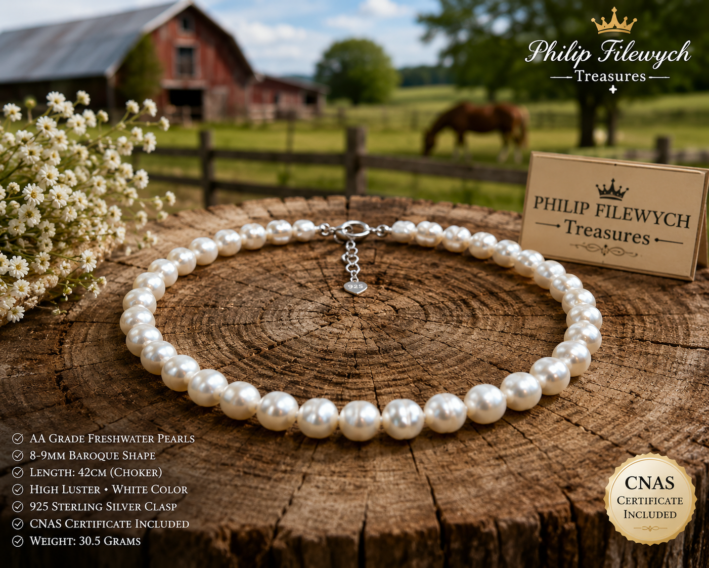 Pearl-28--AA White Freshwater Pearl Necklace | 8–9mm Baroque Pearls | 42cm Choker | 925  Sterling Silver Clasp