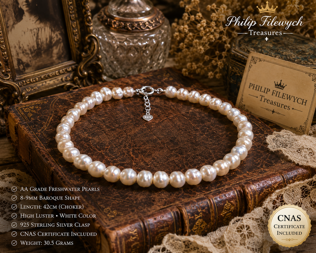 Pearl-28--AA White Freshwater Pearl Necklace | 8–9mm Baroque Pearls | 42cm Choker | 925  Sterling Silver Clasp