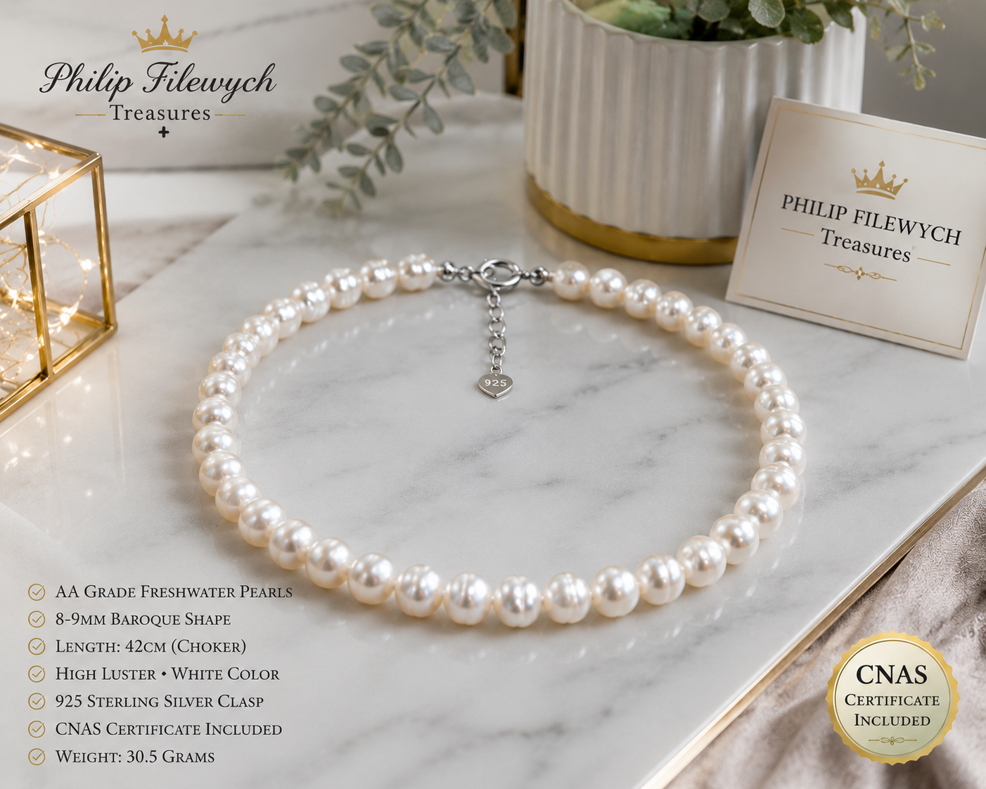 Pearl-28--AA White Freshwater Pearl Necklace | 8–9mm Baroque Pearls | 42cm Choker | 925  Sterling Silver Clasp