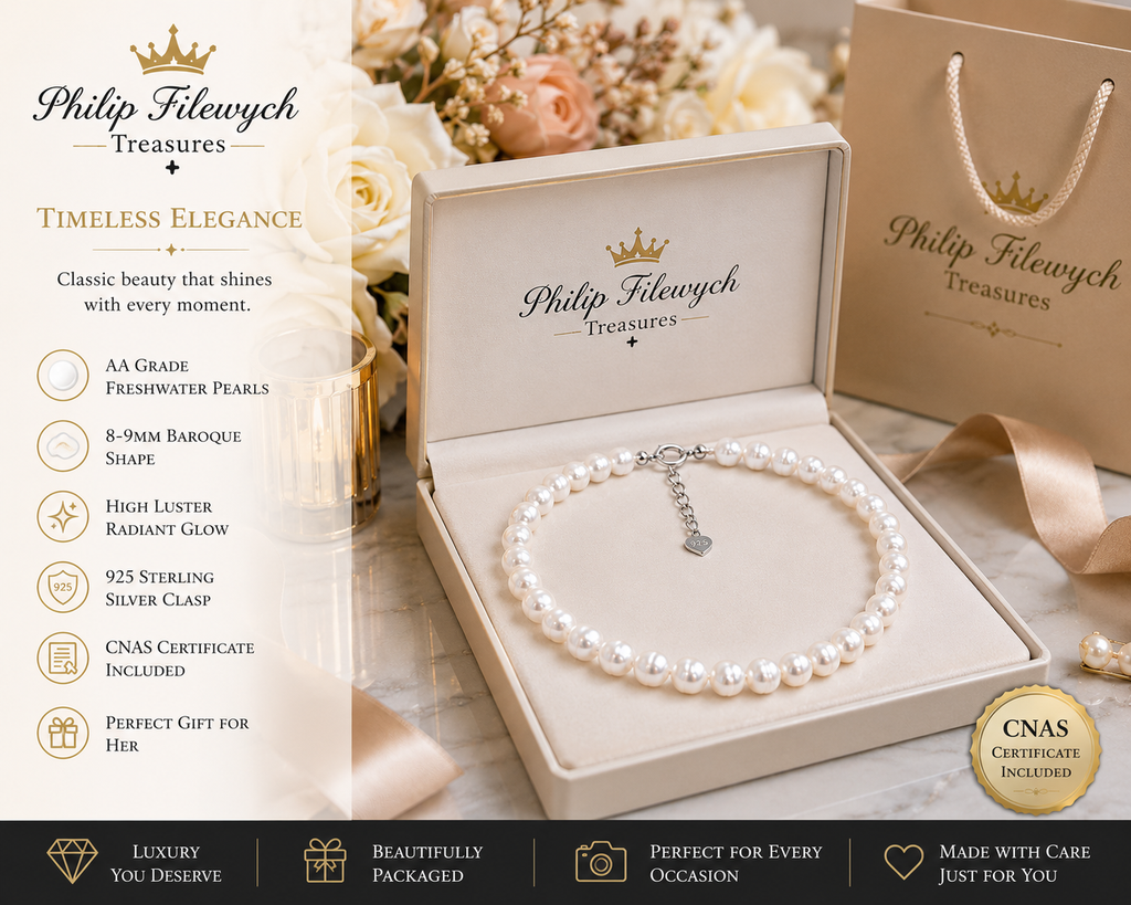 Pearl-28--AA White Freshwater Pearl Necklace | 8–9mm Baroque Pearls | 42cm Choker | 925  Sterling Silver Clasp