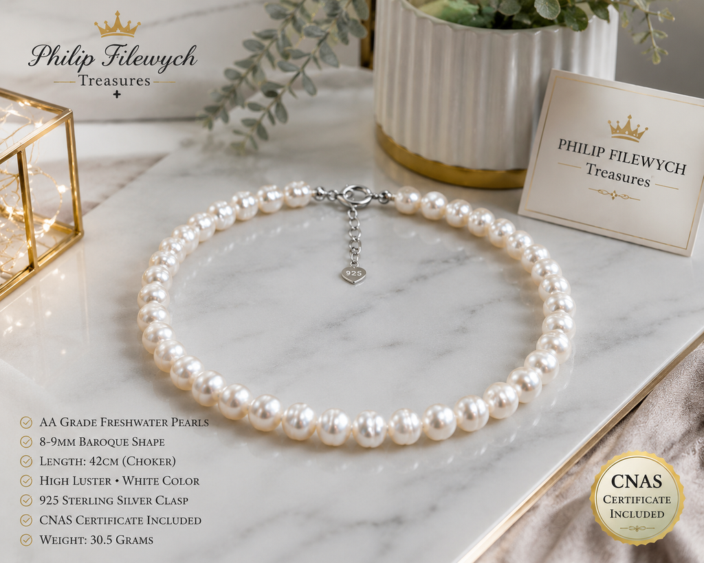 Pearl-28--AA White Freshwater Pearl Necklace | 8–9mm Baroque Pearls | 42cm Choker | 925  Sterling Silver Clasp