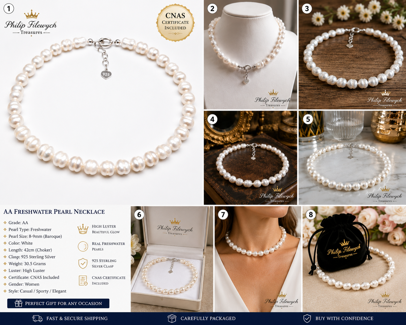 Pearl-28--AA White Freshwater Pearl Necklace | 8–9mm Baroque Pearls | 42cm Choker | 925  Sterling Silver Clasp