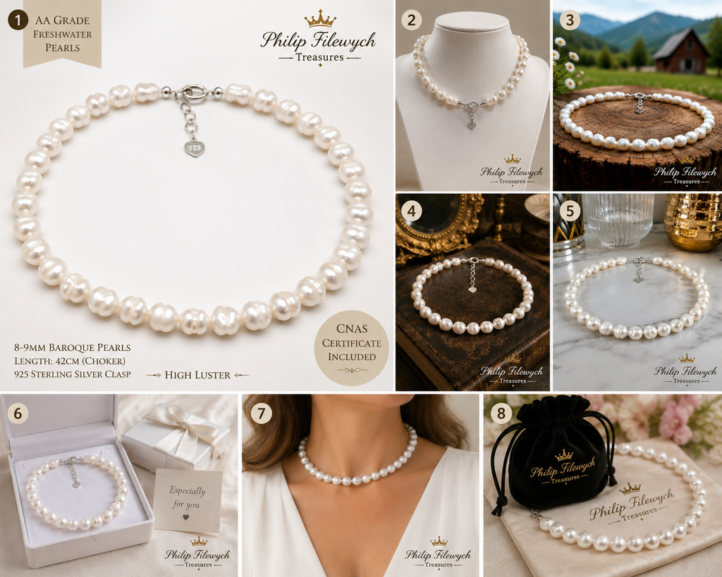 Pearl-28--AA White Freshwater Pearl Necklace | 8–9mm Baroque Pearls | 42cm Choker | 925 Sterling Silver Clasp