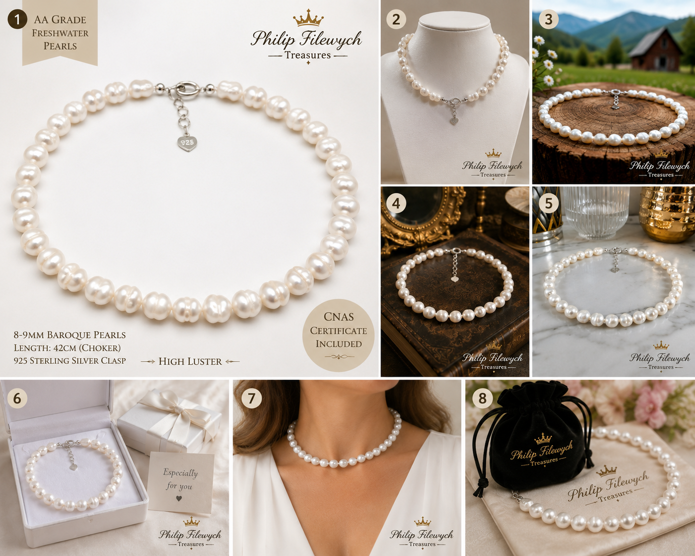 Pearl-28--AA White Freshwater Pearl Necklace | 8–9mm Baroque Pearls | 42cm Choker | 925 Sterling Silver Clasp