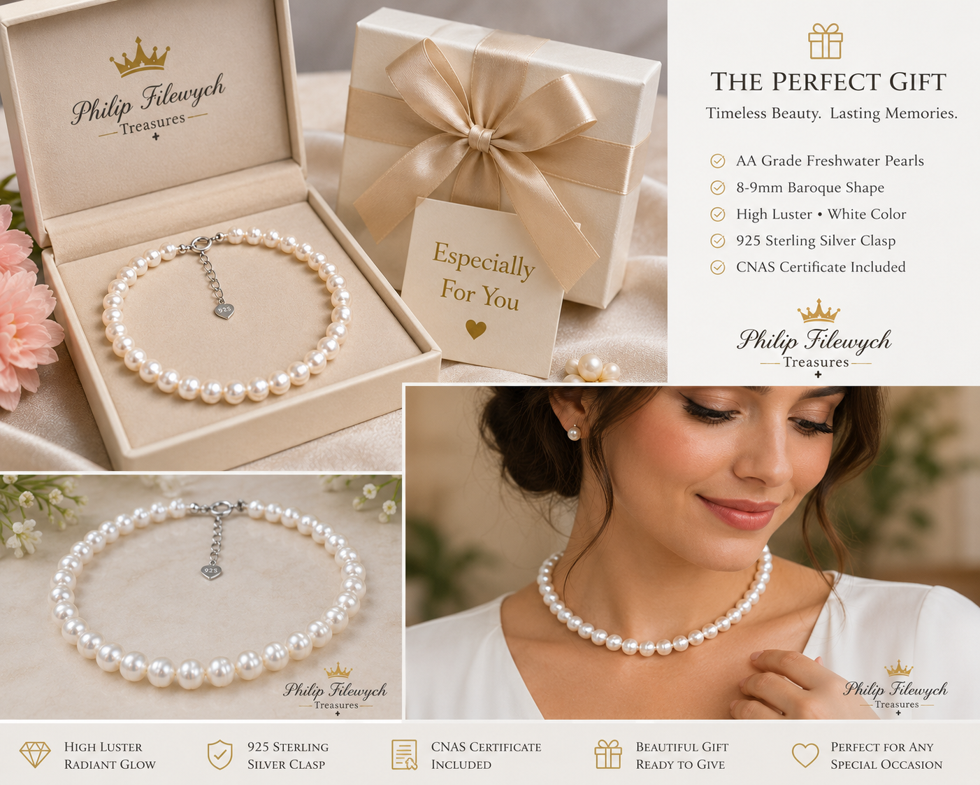 Pearl-28--AA White Freshwater Pearl Necklace | 8–9mm Baroque Pearls | 42cm Choker | 925  Sterling Silver Clasp