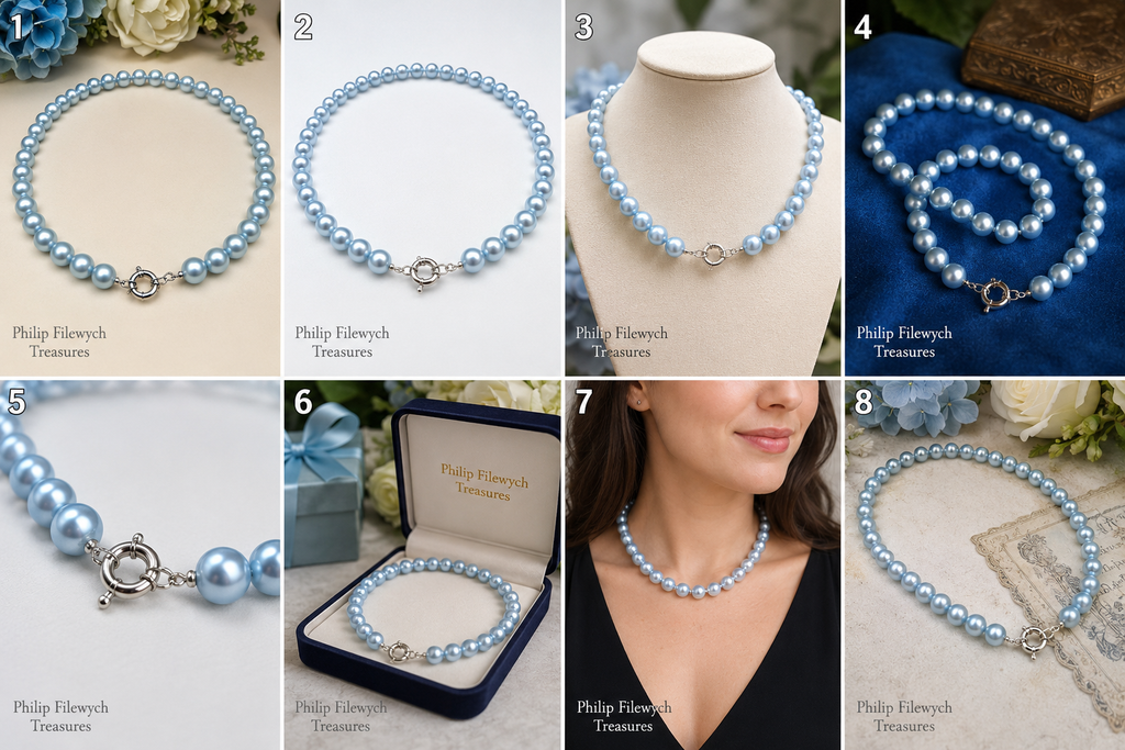 Pearl-31--10mm Light Blue Akoya Cultured Shell Pearl Necklace
