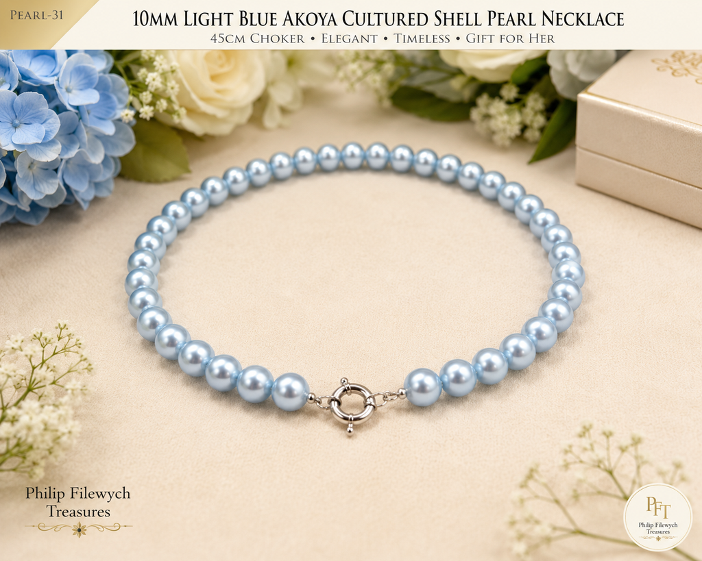 Pearl-31--10mm Light Blue Akoya Cultured Shell Pearl Necklace