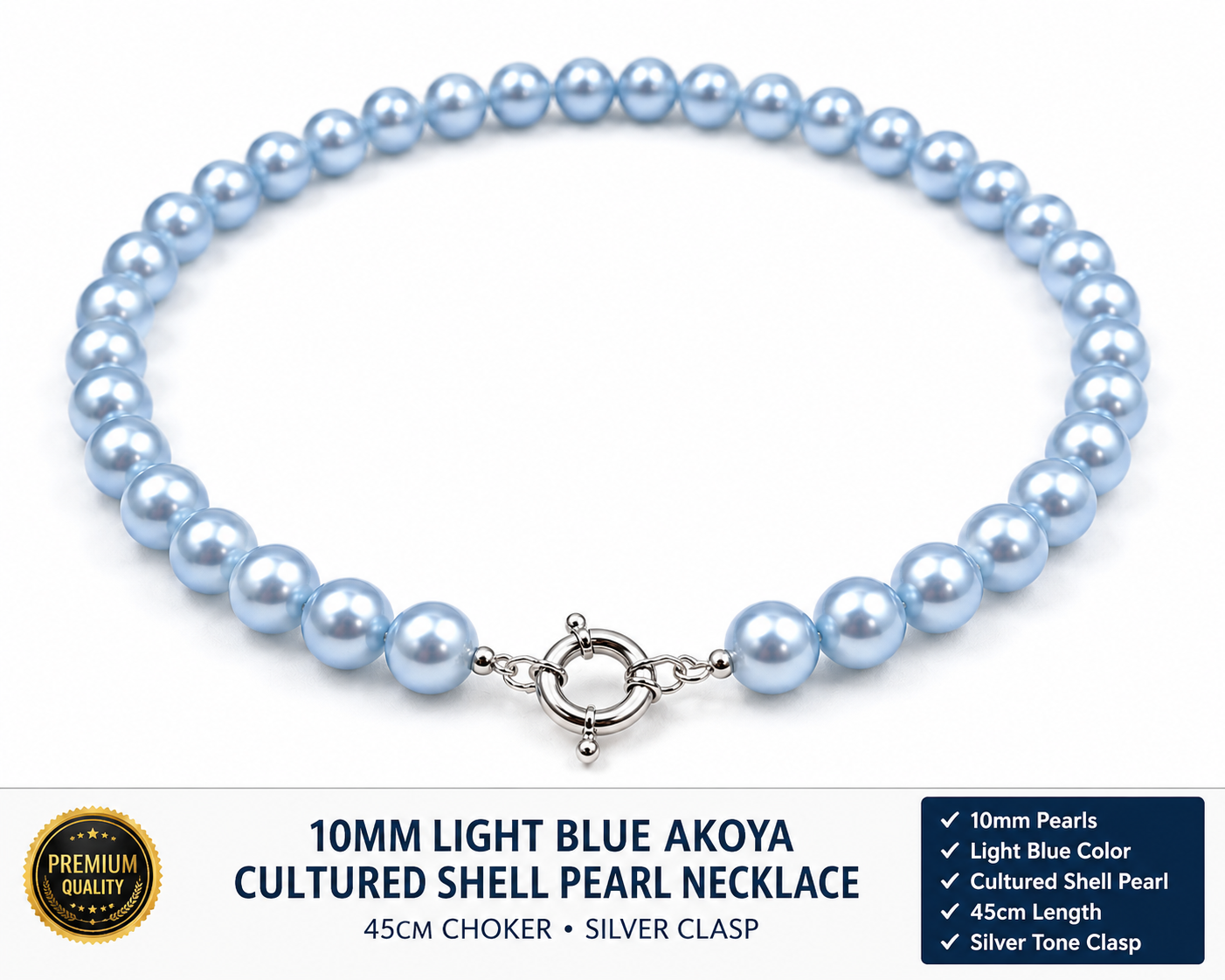 Pearl-31--10mm Light Blue Akoya Cultured Shell Pearl Necklace